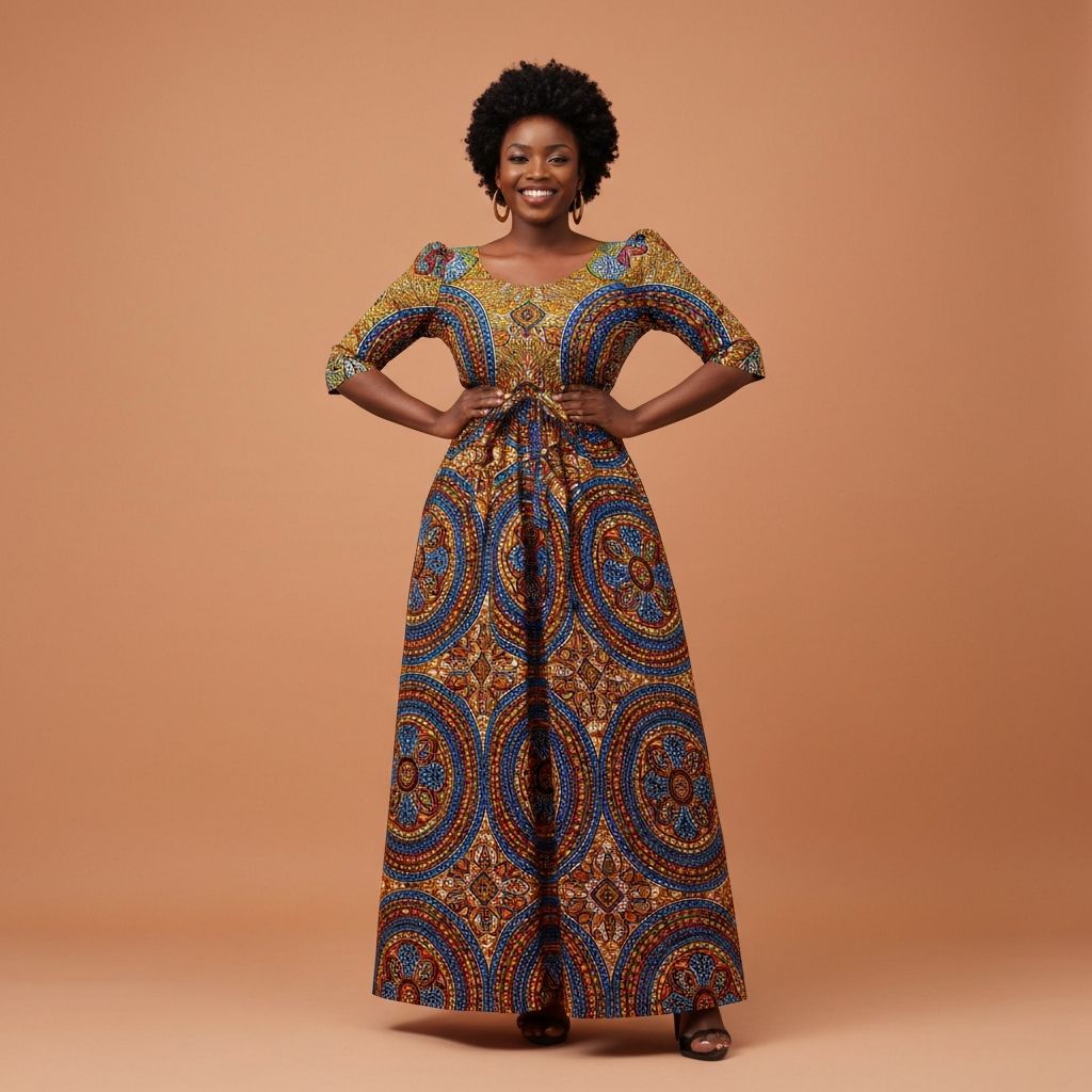 Ankara Desenli Uzun Elbise Keten Kumaş El Yapımı