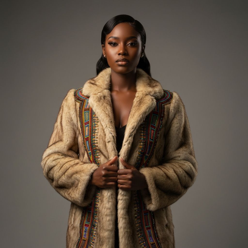 Geleneksel Boncuk İşlemeli Suni Kürk Pelüş Kaban